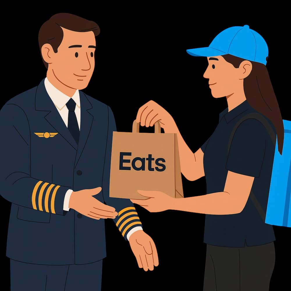 Cartoon image of a pilot receiving a meal delivery